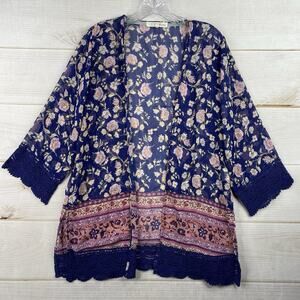 Rewind Cardigan Top Sz S Blue Floral Print Kimono Crochet Trim Open Front Boho